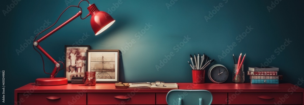 Office desk with desk lamp