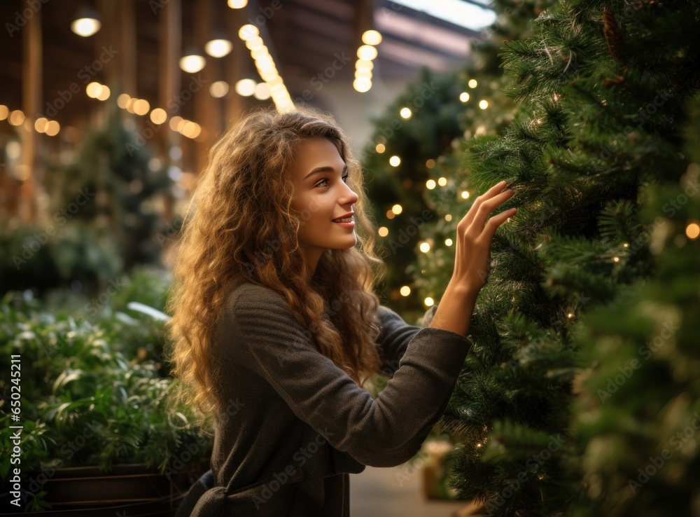 Beautiful woman smelling christmas tree at holiday shop