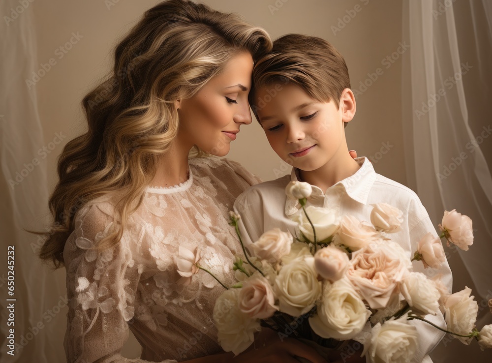 Mother with son with flowers