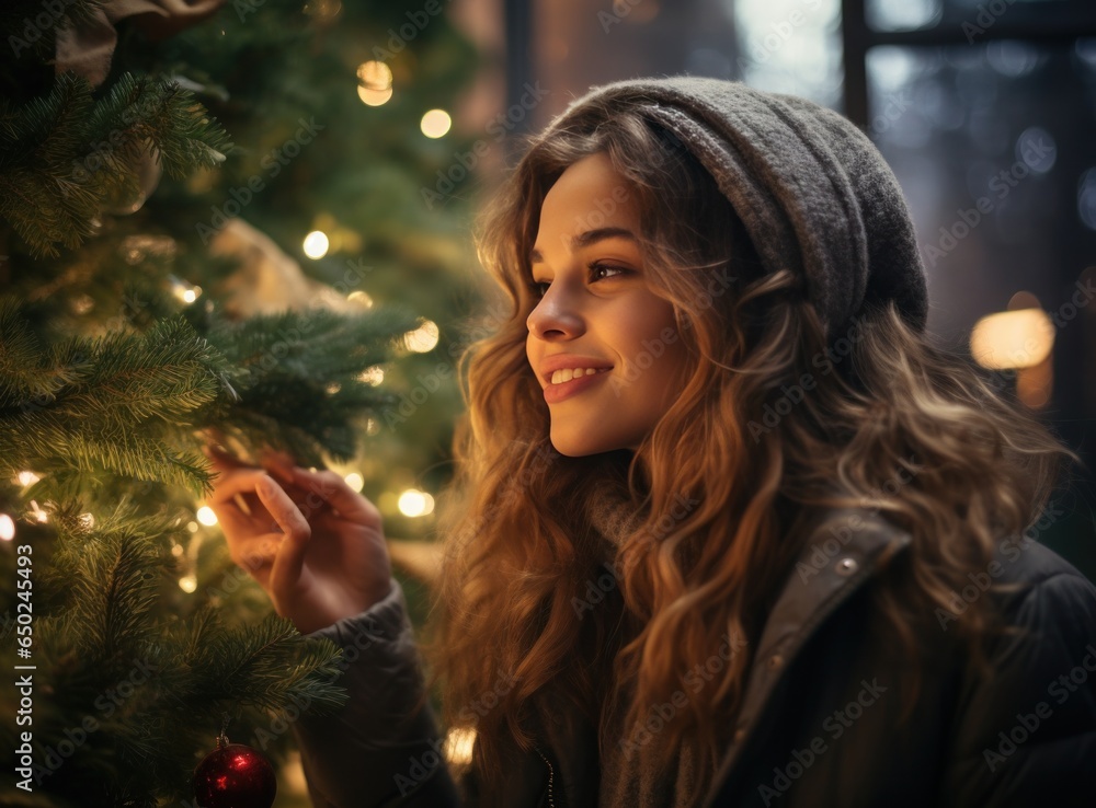 Beautiful woman smelling christmas tree at holiday shop