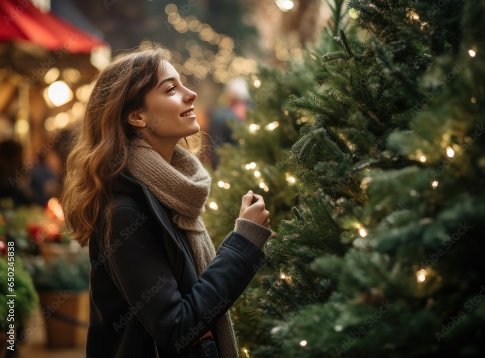 Beautiful woman smelling christmas tree at holiday shop