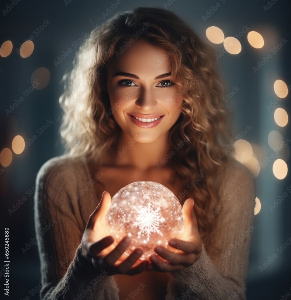 Happy woman holding a sparkling christmas ball in her hands