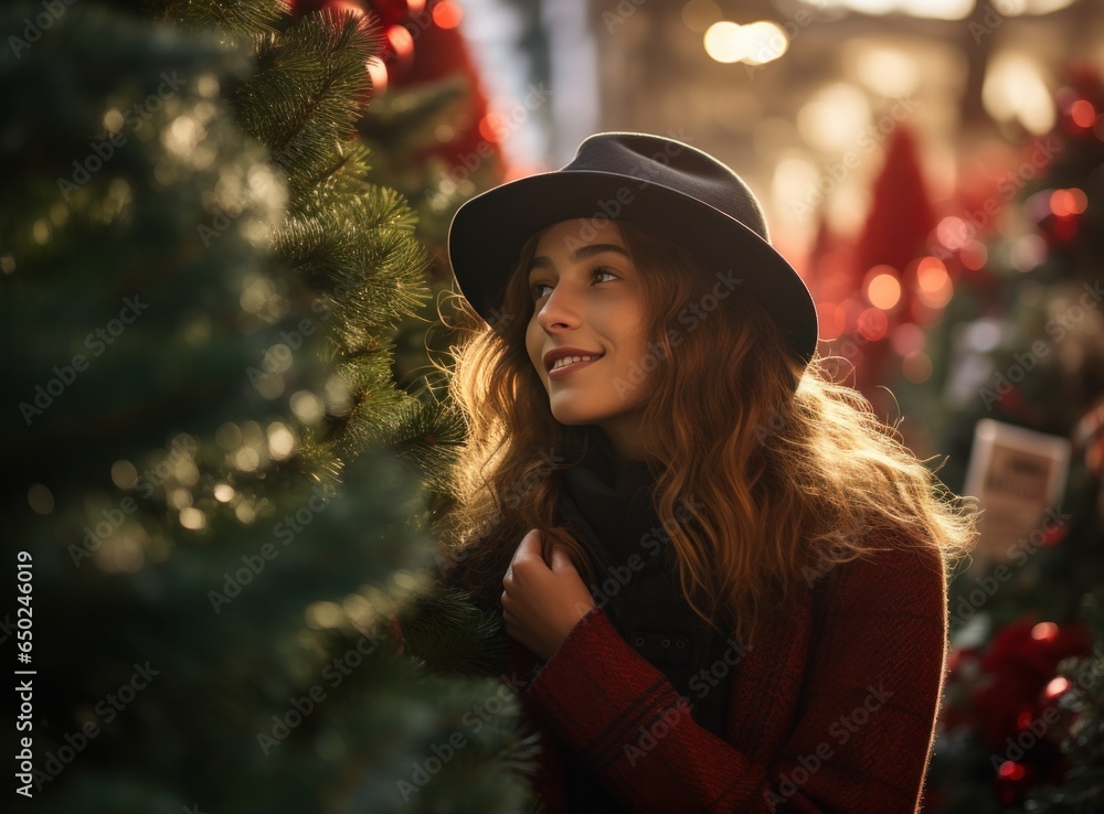 Beautiful woman smelling christmas tree at holiday shop