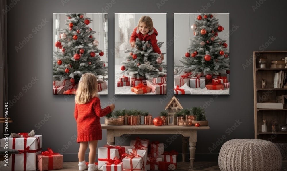 Mother and kids sitting around the christmas tree with christmas present.