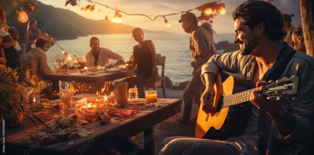 A man is playing guitar with people around a firepit at sunset