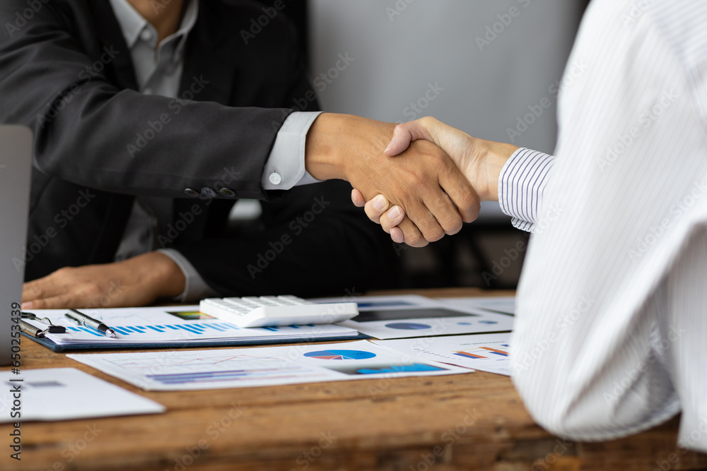 Businesswoman shaking hands with financial advisor at meeting in office.