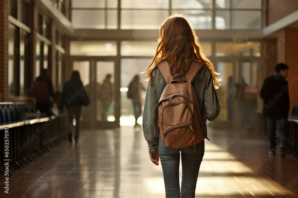 Image of schoolgirl in corridor of school campus building going to classroom generative AI concept