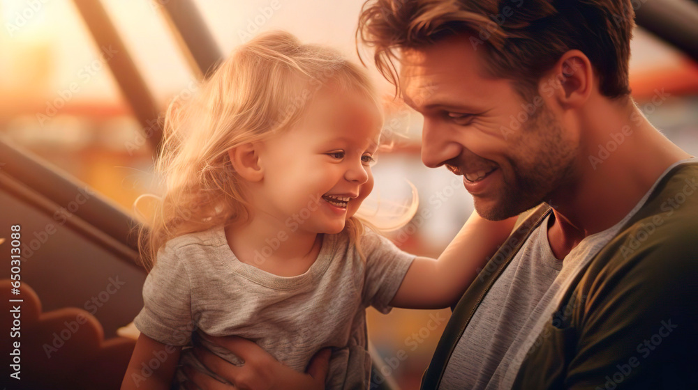 Happy father dad with cute little daughter having fun on children playground. Preschooler kid plays outdoor on yard slide. Family healthy activity. Summer vacation fun. Child playing in sunny park.