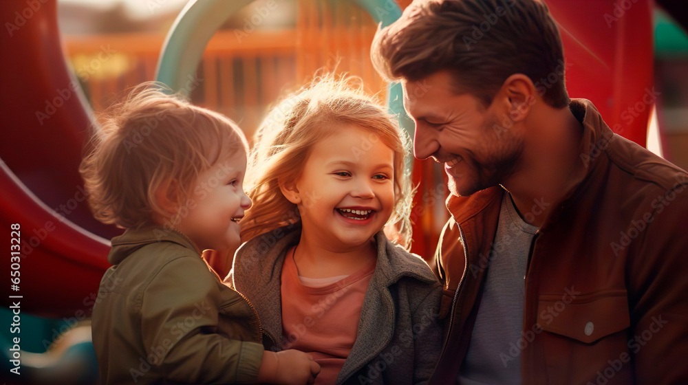 Happy father dad with two kids having fun on children playground. Little cute girl and boy sister and brother plays outdoor on yard slide. Healthy activity. Summer vacation fun. Child playing in sunny