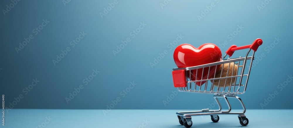 Blue background with red heart on shopping trolley Valentines Mothers or Women s Day shopping and sale