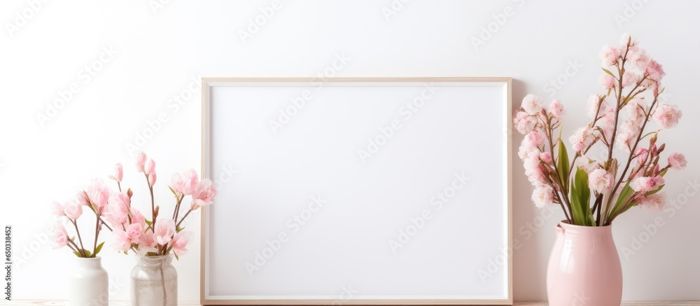 Minimalist lifestyle interior template with white background blank frame and floral shadows