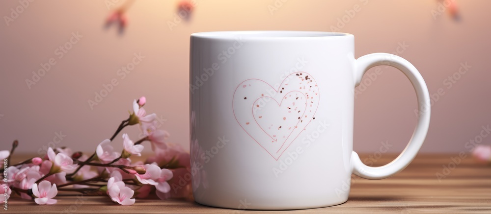 Valentine s day and birthday coffee cup mockup with floral design white color