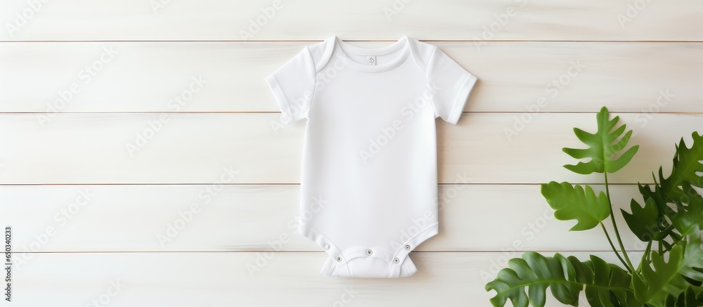 Sublimation design presentation Cute white baby bodysuit mockup in minimalist Scandinavian interior