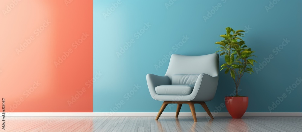 Contemporary living room with a blue armchair Coral wall and wooden floor depicted in 3D