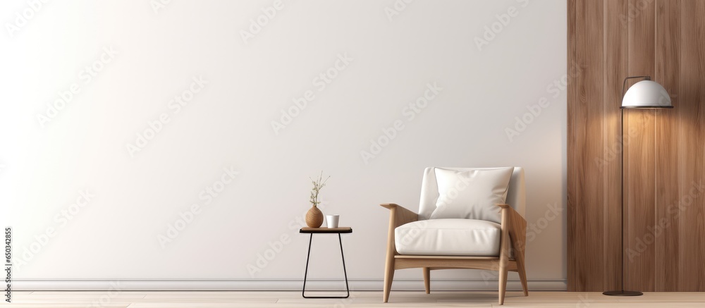 Modern minimalist interior featuring an armchair coffee table wood panel floor lamp blank wall portrayal