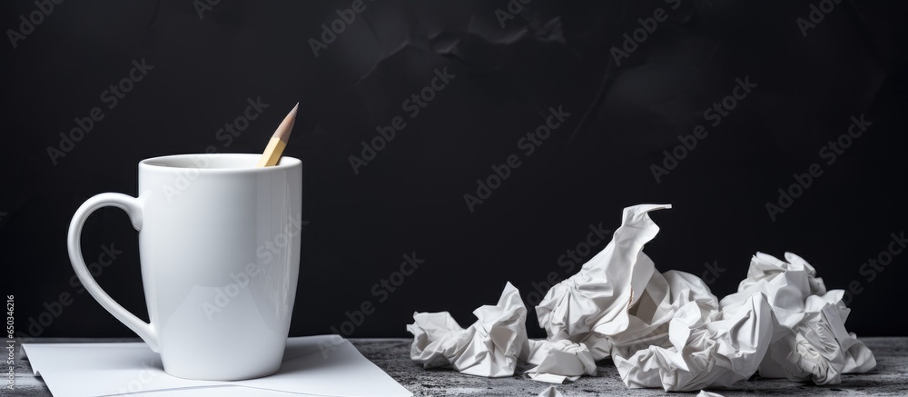 Artistic method wrinkled paper journal and mug on a dull surface