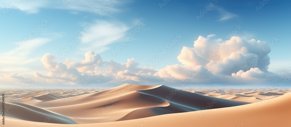 Abstract panoramic landscape featuring desert sand dunes and white clouds in a