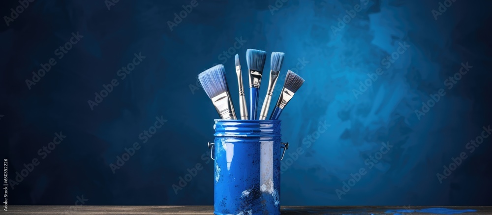 Blue paint brushes on can representing 2020 s classic color