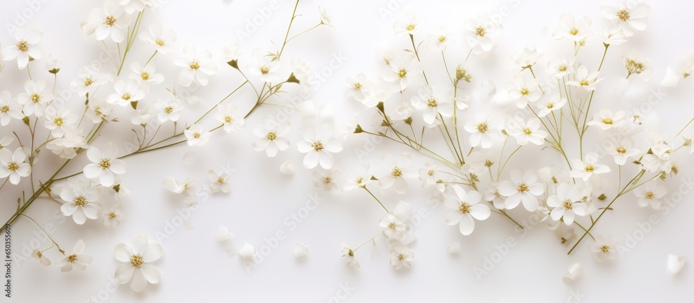 Simplistic floral design with gypsophila on white backdrop for cards or branding