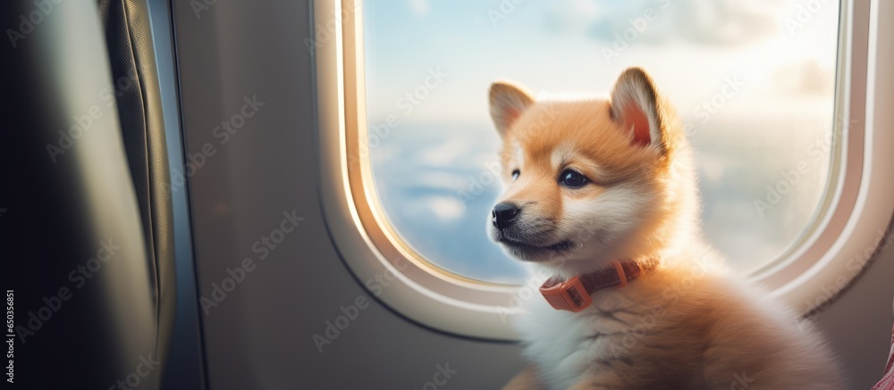 Akita Inu puppy traveling adorably by airplane window with pet