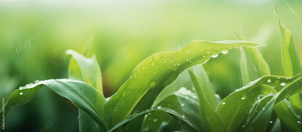 Rural farm land in summer with green organic plant growth in a farming scene surrounded by a natural outdoor landscape with raindrops