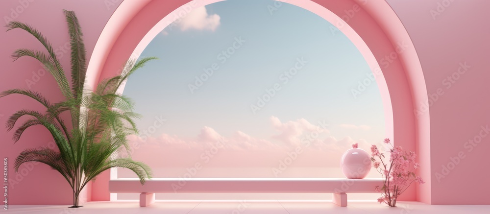 Pink interior background with minimalist geometric shapes and summer plants