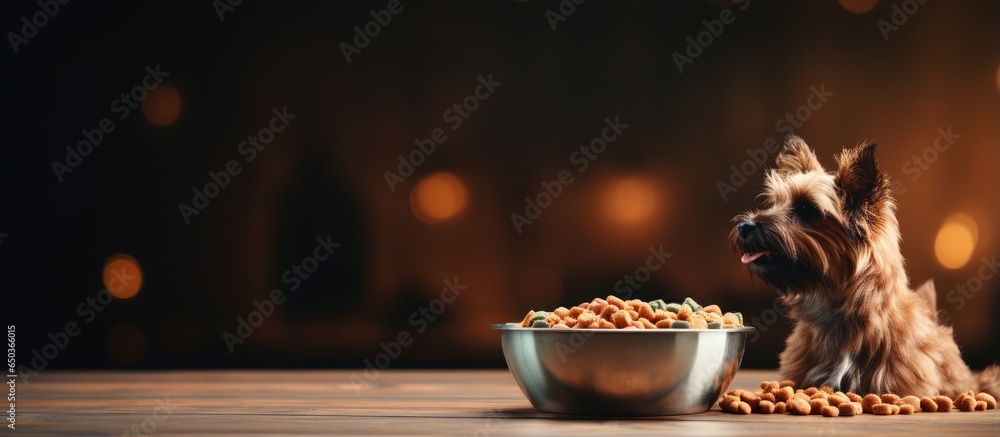 Closeup of natural pet food in feeding bowl on grey table with room for text