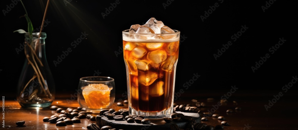 Iced coffee in a glass with coffee ice cubes and milk cream on the table