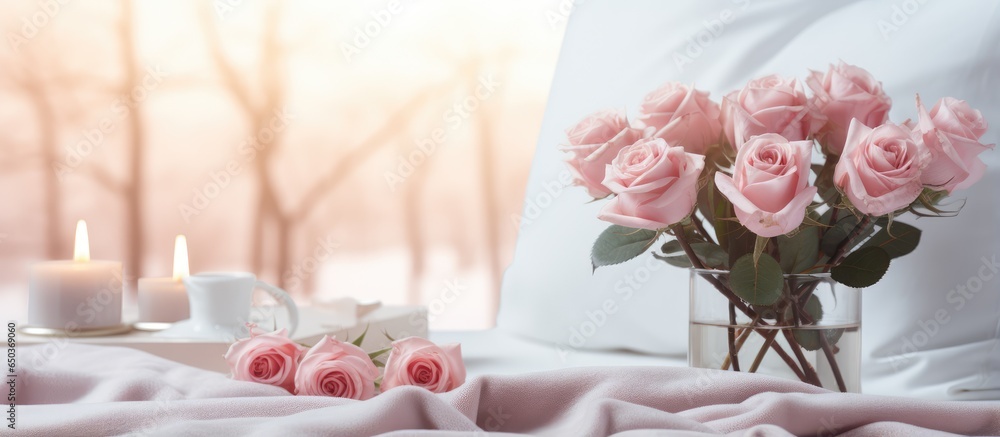 Valentine s surprise in bed with pink roses white crochet cardigan white pillows silver lamp and tree backdrop in soft colors