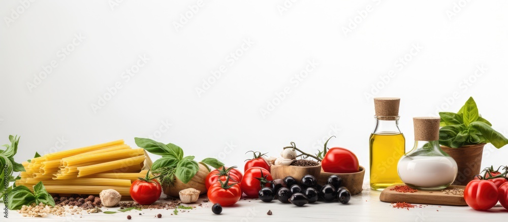 Mediterranean cuisine displayed on a round wicker tray featuring fresh basil tomatoes parmesan olives olive oil spices and spaghetti pasta set against a white background