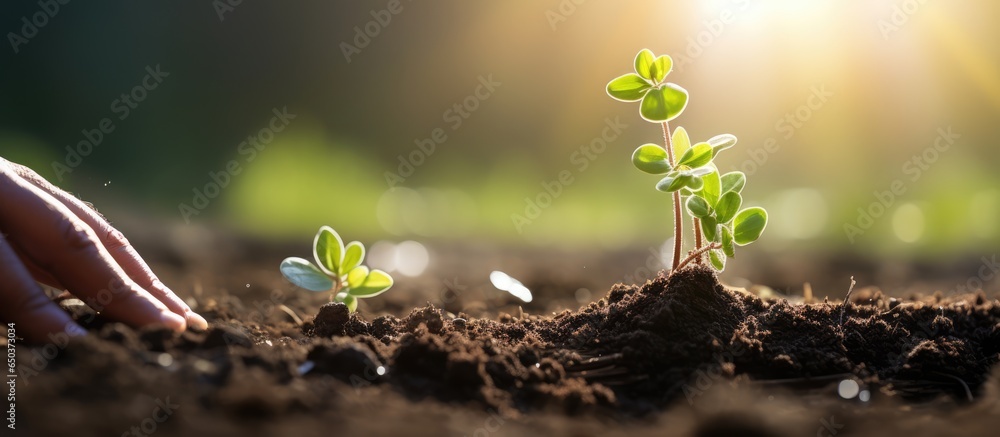 Farmer cultivating plants in field and garden with pansy seedlings representing agriculture and plant life