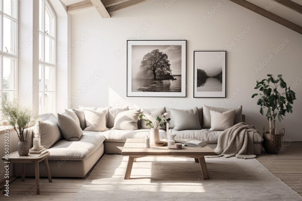 Interior of a modern and contemporary living room in a house designed in a nordic style