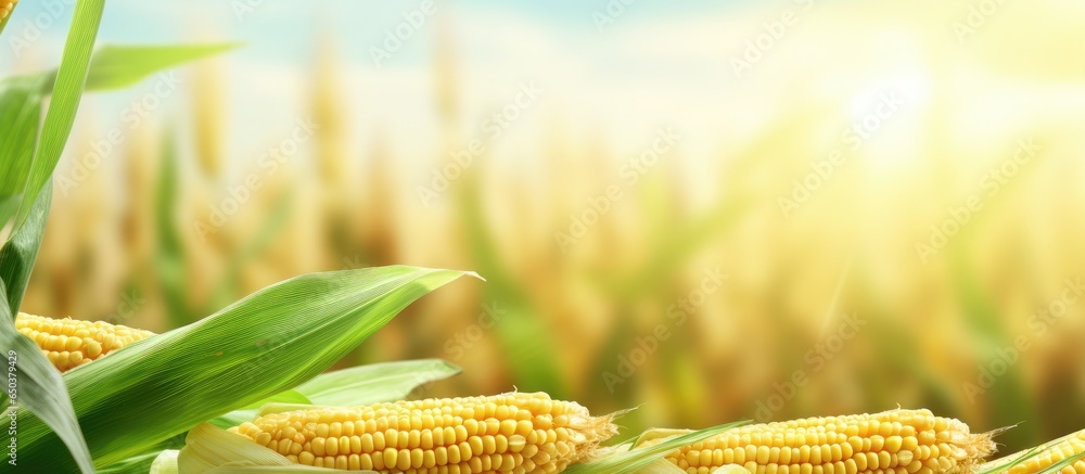 illustration of a cornfield with space for texts and branding featuring corn seeds and green leaves