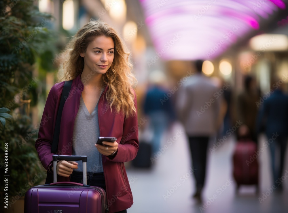 Businesswoman carrying luggage walking around with mobile phone in the airport