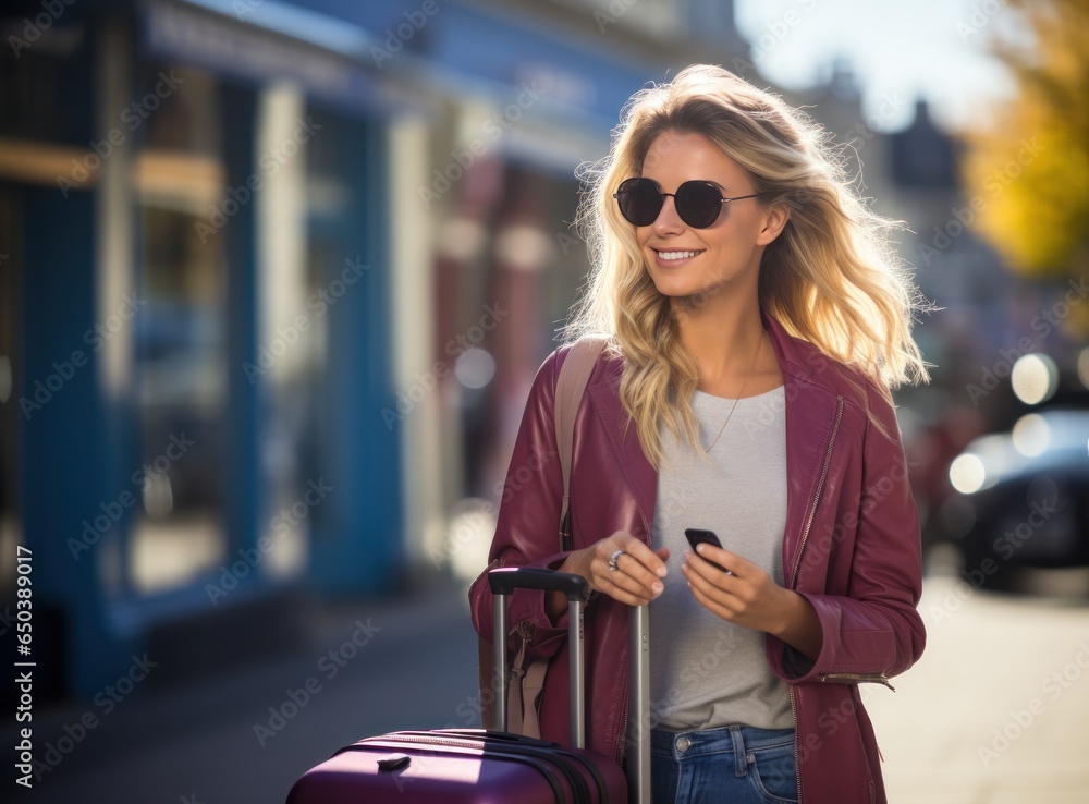 Businesswoman carrying luggage walking around with mobile phone in the airport