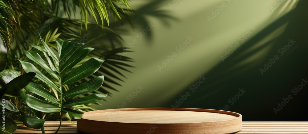 Sleek wooden tray on green counter with sunlight and leaf shadow for product display