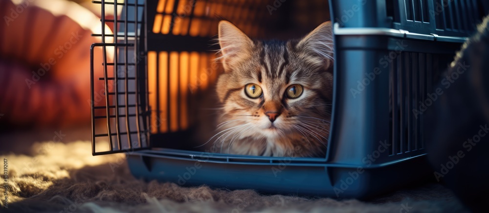 An upset cat in a carrier dislikes vet visits and fears the doctor