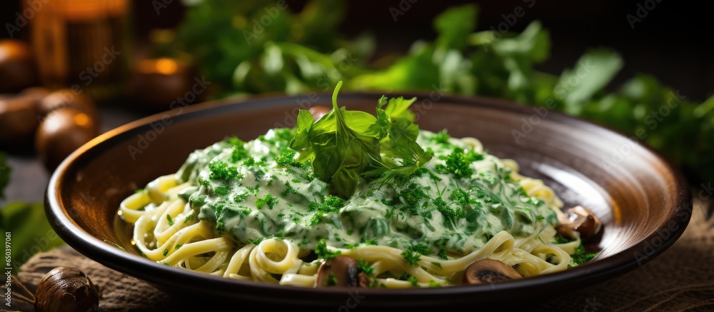 Creamy Mushroom Spinach Pasta with rustic elements and a wooden backdrop