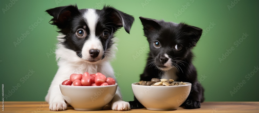 Small Maltese dog and black and white cat consuming natural organic food indoors