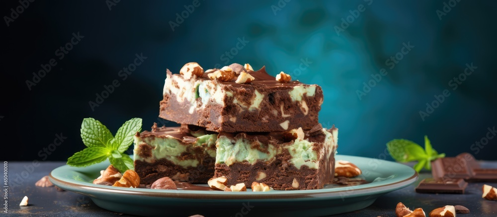 Walnut filled vegan chocolate brownies piled on cocoa dusted parchment paper Empty area Mint colored backdrop