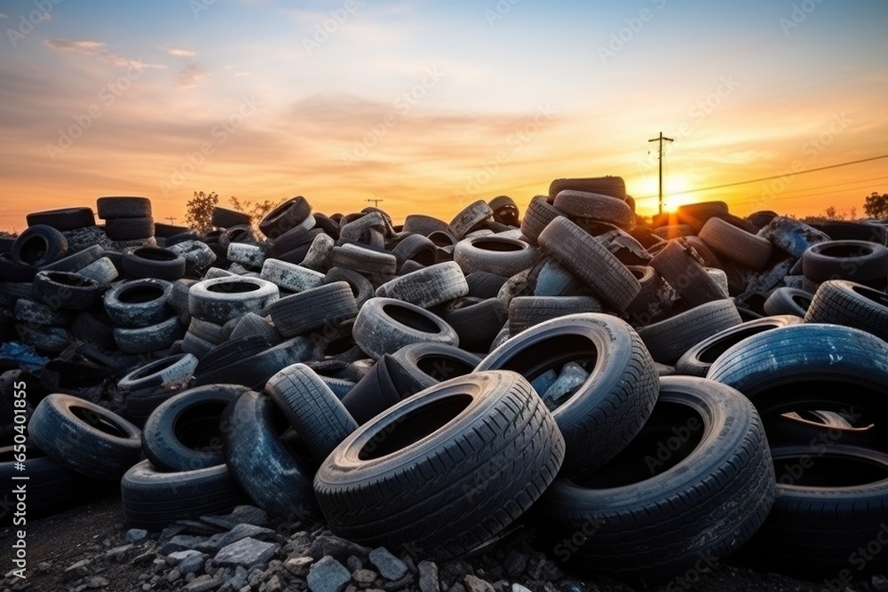 A pile of tires resting on a rocky mound at sunrise