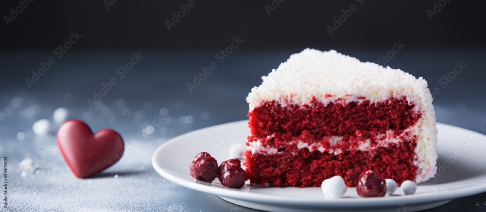 Red velvet cake slice with heart and marshmallow on ceramic plate Wedding or Mother s day theme