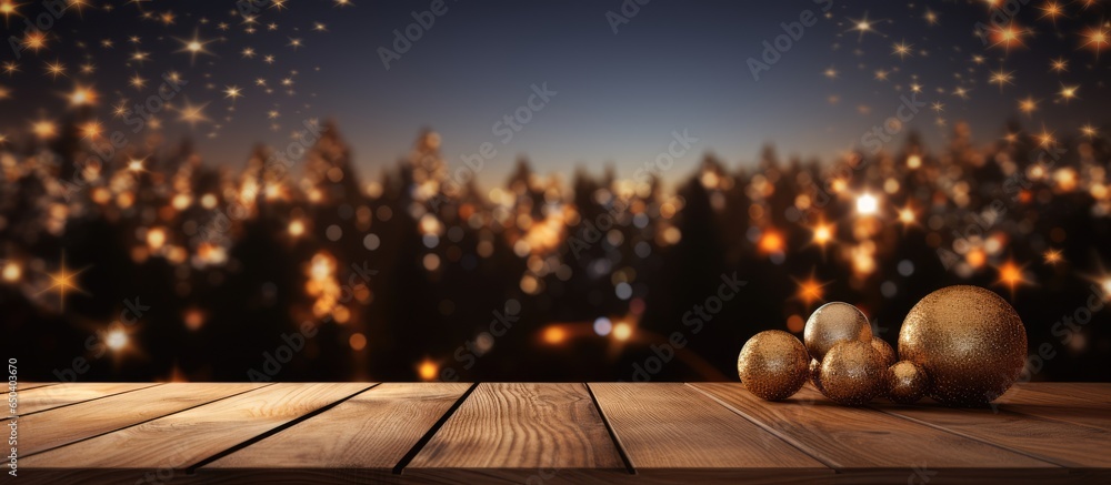 Suitable for product display a Christmas tree background with a blurred room and an empty wooden table top