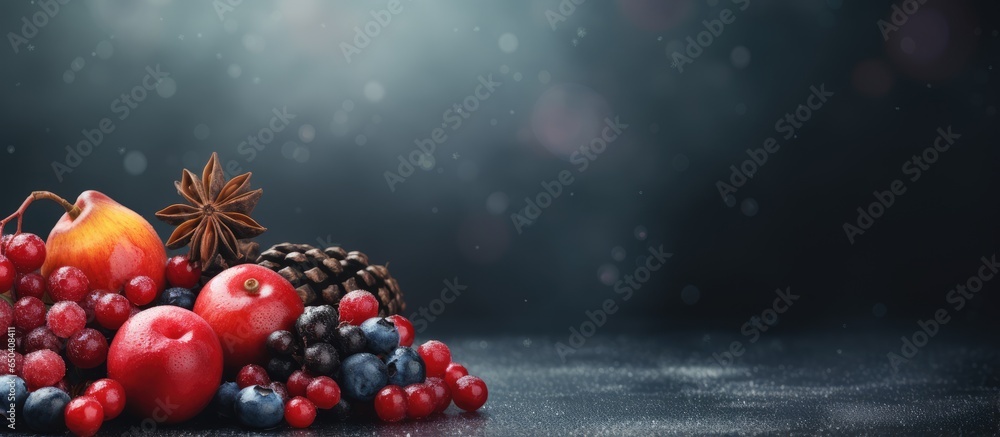 Dark abstract Christmas background with space for text featuring fir twigs red berries cones and Xmas lights