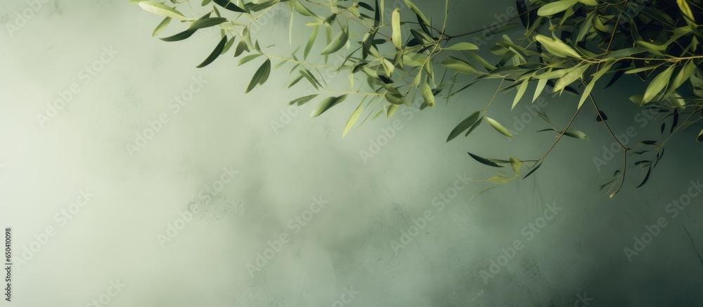 Nature inspired abstract concept with tree shadows on an olive green wall texture Suitable for text overlays or mockup posters