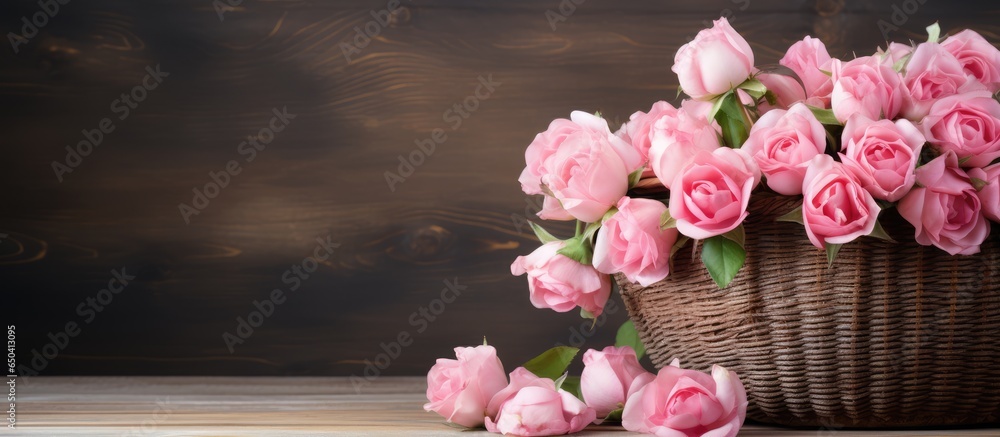 Shabby chic flower arrangement with pink roses on vintage wooden table Suitable for holiday gifting