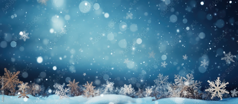 Cold blue winter backdrop with falling snowflakes