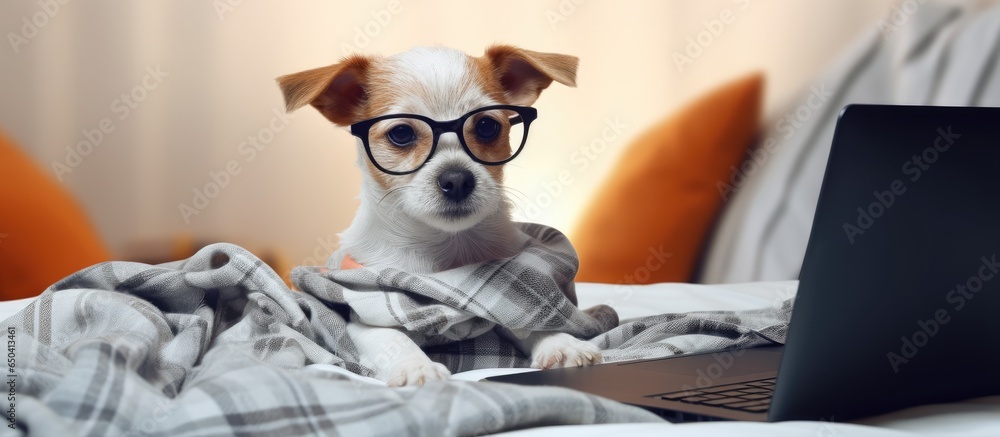 Indoor pet on bed with laptop and glasses