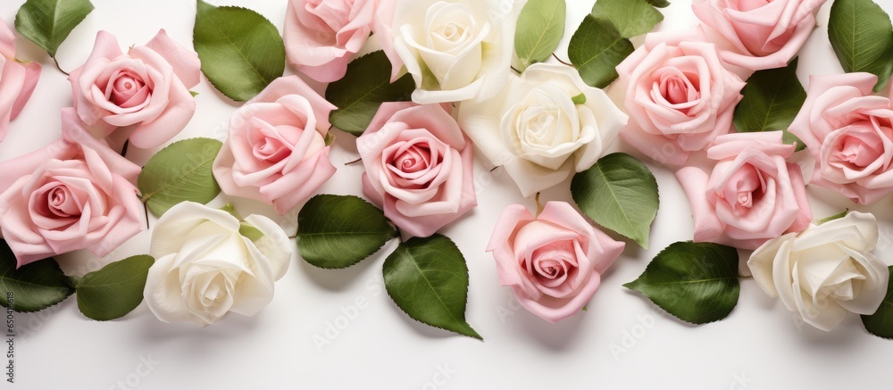 Floral pattern with pink and beige roses green leaves branches on white background Flat lay top view