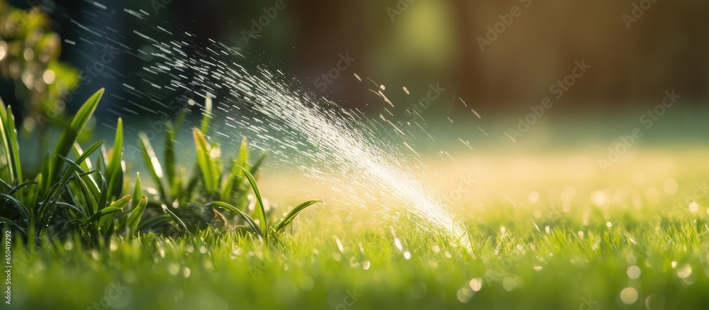 Automated irrigation system watering lawn Focused on green grass